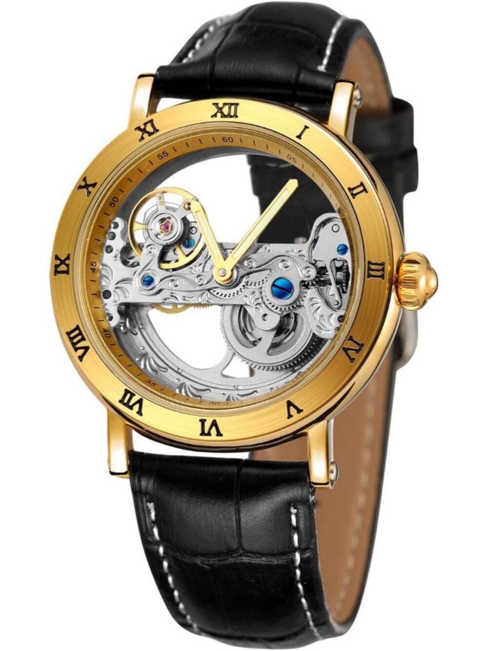 Men's Silver Black Unique Design Automatic Genuine Leather Strap Skeleton Watch